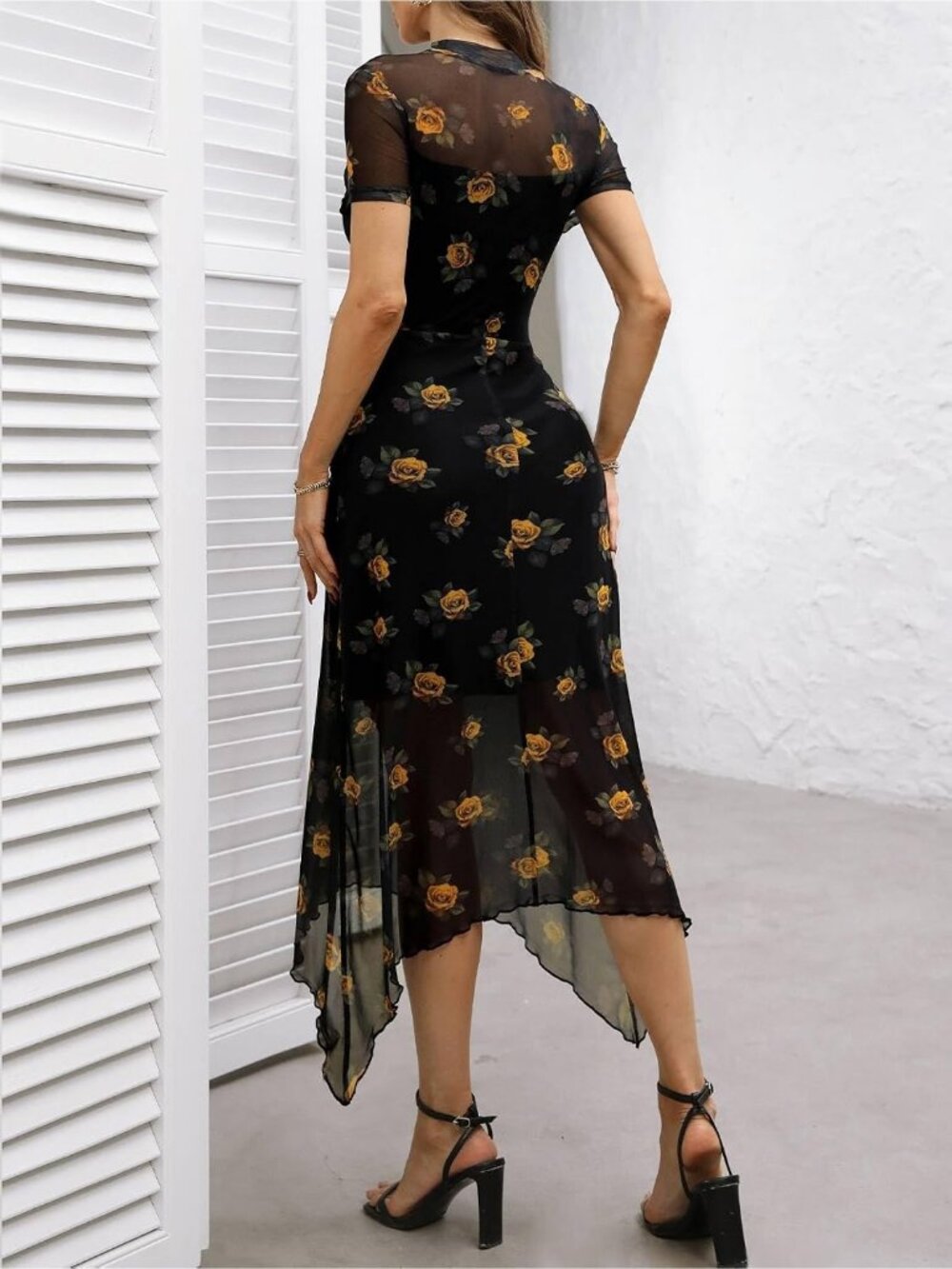 Women's Yellow Sleeve Floral Mesh Elegant Bodycon Vintage Irregular Midi Dress - Picture 3 of 6